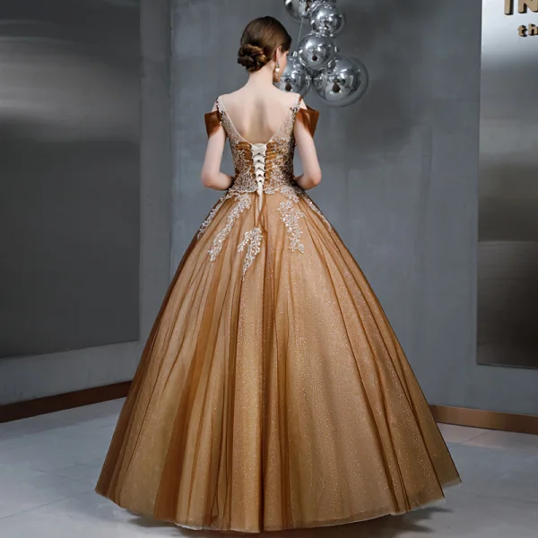 Vintage / Retro Brown See-through Prom Dresses 2020 A-Line / Princess Square Neckline Short Sleeve Glitter Tulle Appliques Lace Beading Floor-Length / Long Ruffle Backless Formal Dresses