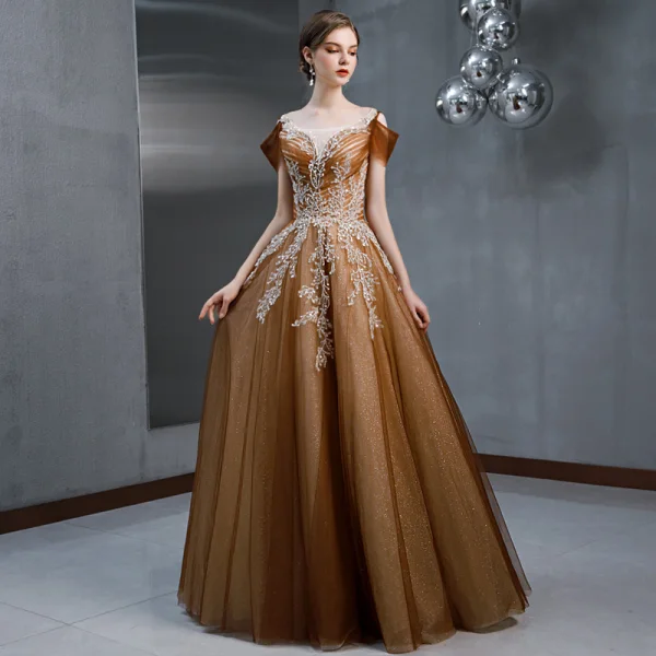 Vintage / Retro Brown See-through Prom Dresses 2020 A-Line / Princess Square Neckline Short Sleeve Glitter Tulle Appliques Lace Beading Floor-Length / Long Ruffle Backless Formal Dresses