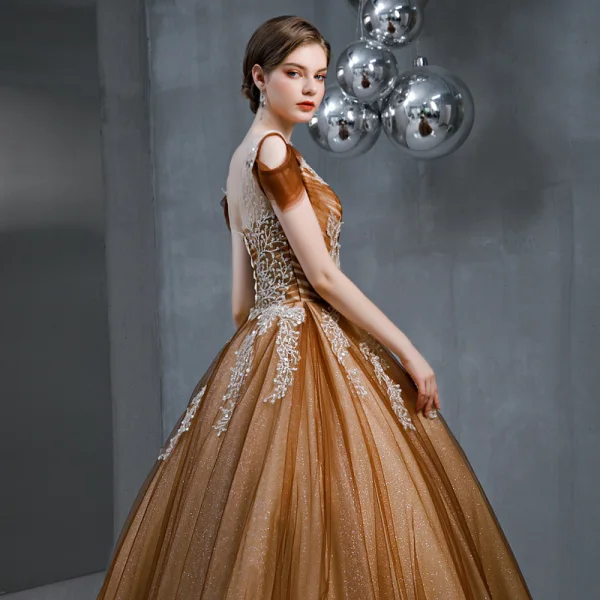 Vintage / Retro Brown See-through Prom Dresses 2020 A-Line / Princess Square Neckline Short Sleeve Glitter Tulle Appliques Lace Beading Floor-Length / Long Ruffle Backless Formal Dresses