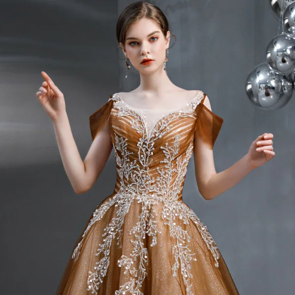 Vintage / Retro Brown See-through Prom Dresses 2020 A-Line / Princess Square Neckline Short Sleeve Glitter Tulle Appliques Lace Beading Floor-Length / Long Ruffle Backless Formal Dresses