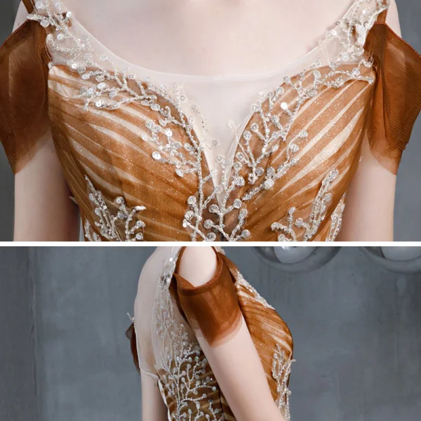 Vintage / Retro Brown See-through Prom Dresses 2020 A-Line / Princess Square Neckline Short Sleeve Glitter Tulle Appliques Lace Beading Floor-Length / Long Ruffle Backless Formal Dresses