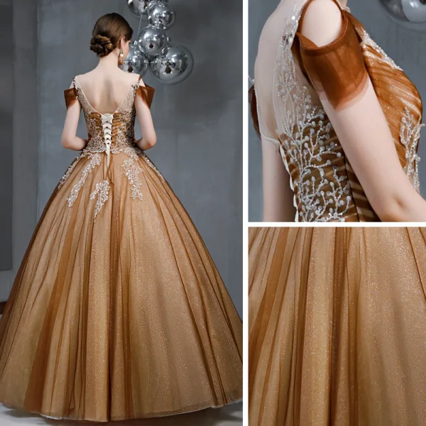 Vintage / Retro Brown See-through Prom Dresses 2020 A-Line / Princess Square Neckline Short Sleeve Glitter Tulle Appliques Lace Beading Floor-Length / Long Ruffle Backless Formal Dresses