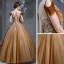 Vintage / Retro Brown See-through Prom Dresses 2020 A-Line / Princess Square Neckline Short Sleeve Glitter Tulle Appliques Lace Beading Floor-Length / Long Ruffle Backless Formal Dresses