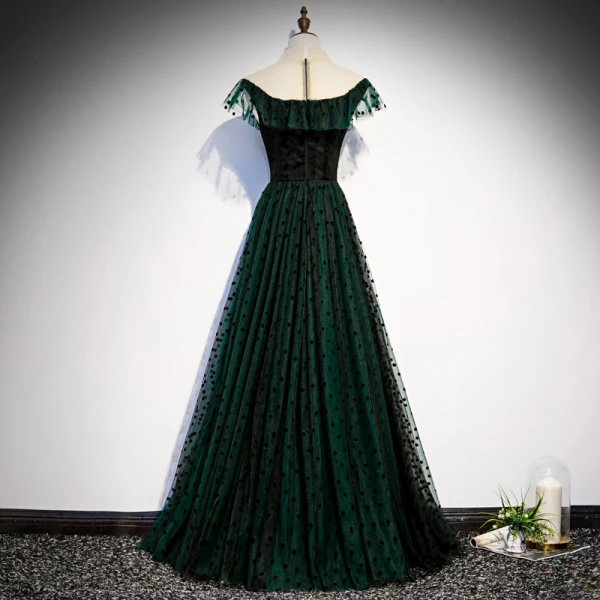 Chic / Beautiful Dark Green See-through Evening Dresses  2020 A-Line / Princess High Neck Sleeveless Spotted Tulle Floor-Length / Long Formal Dresses