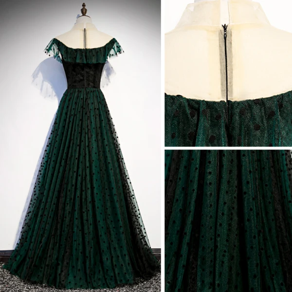 Chic / Beautiful Dark Green See-through Evening Dresses  2020 A-Line / Princess High Neck Sleeveless Spotted Tulle Floor-Length / Long Formal Dresses