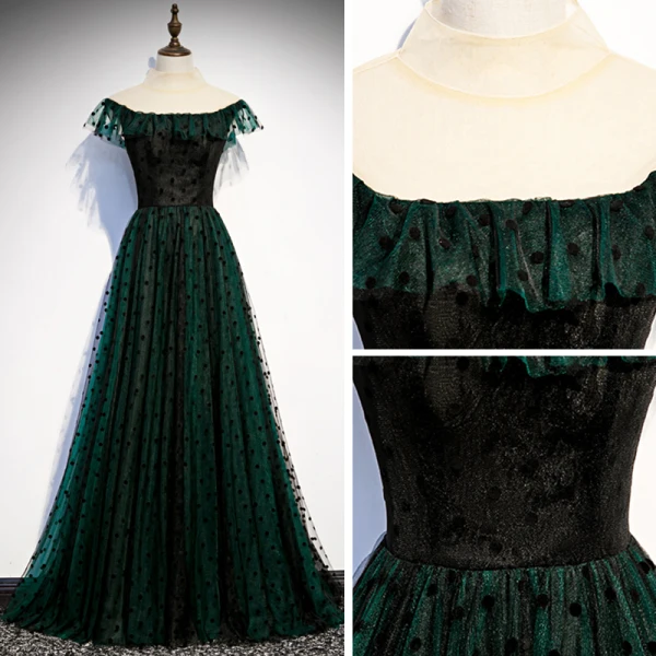 Chic / Beautiful Dark Green See-through Evening Dresses  2020 A-Line / Princess High Neck Sleeveless Spotted Tulle Floor-Length / Long Formal Dresses