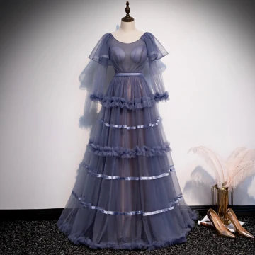 Chic Belle Violet Transparentes Robe De Soirée 2020 Princesse Encolure Dégagée 3 4 Manches Ceinture Longue Volants Dos Nu Robe De Ceremonie