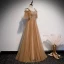 Chic / Belle Marron Robe De Soirée 2020 Princesse De l'épaule Bretelles Spaghetti Manches Courtes Appliques En Dentelle Longue Volants Dos Nu Robe De Ceremonie