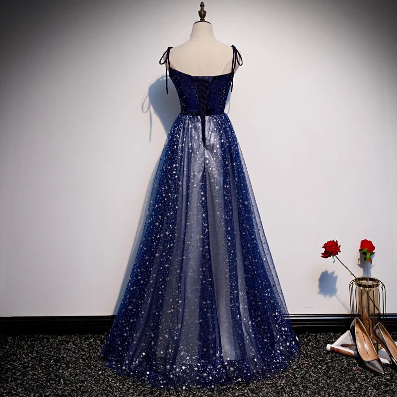 Starry Sky Royal Blue Evening Dresses 2020 A-Line Princess Spaghetti Straps Sleeveless