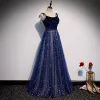 Starry Sky Royal Blue Evening Dresses  2020 A-Line / Princess Spaghetti Straps Sleeveless Glitter Tulle Floor-Length / Long Ruffle Backless Formal Dresses