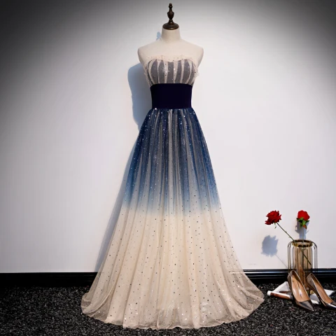 Elegant Navy Blue Gradient-Color Evening Dresses  2020 A-Line / Princess Sweetheart Sleeveless Glitter Tulle Floor-Length / Long Ruffle Backless Formal Dresses