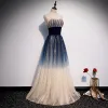 Elegant Navy Blue Gradient-Color Evening Dresses  2020 A-Line / Princess Sweetheart Sleeveless Glitter Tulle Floor-Length / Long Ruffle Backless Formal Dresses