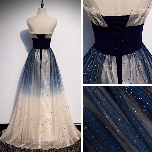 Elegant Mørk Marineblå Gradient-Farge Selskapskjoler 2020 Prinsesse Kjæreste Uten Ermer Glitter Tyll Lange Buste Ryggløse Formelle Kjoler
