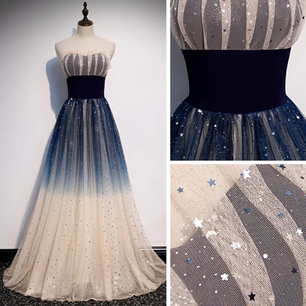 Elegant Mørk Marineblå Gradient-Farge Selskapskjoler 2020 Prinsesse Kjæreste Uten Ermer Glitter Tyll Lange Buste Ryggløse Formelle Kjoler