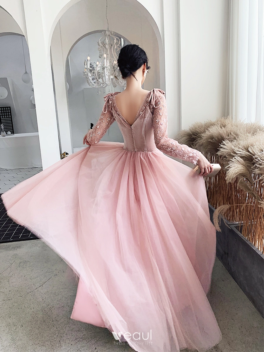 Princess V Neck Lace Appliques Pink Long Prom Dresses, V Neck Pink