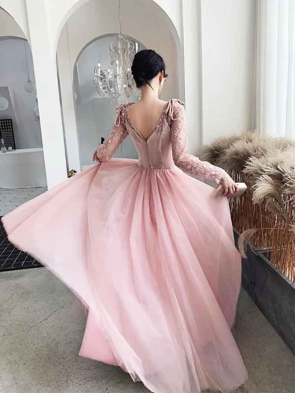Chic / Beautiful Candy Pink Evening Dresses 2020 A-Line / Princess V-Neck Long Sleeve Appliques Lace Floor-Length / Long Ruffle Backless Formal Chic / Beautiful Candy Pink Evening Dresses 2020 A-Line / Princess V-Neck Long Sleeve Appliques Lace Floor-Length / Long Ruffle Backless Formal