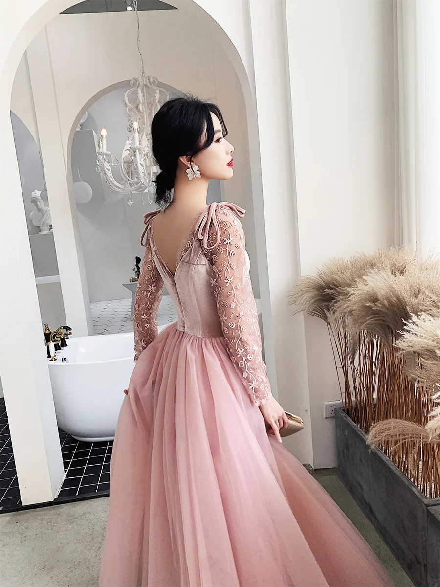 Chic Beautiful Candy Pink Evening Dresses 2020 A Line Princess V Neck Long  Sleeve Appliques Lace Floor Length Long Ruffle Backless Formal Dresses