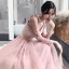 Chic / Belle Rose Bonbon Robe De Soirée 2020 Princesse V-Cou Manches Longues Appliques En Dentelle Longue Volants Dos Nu Robe De Ceremonie