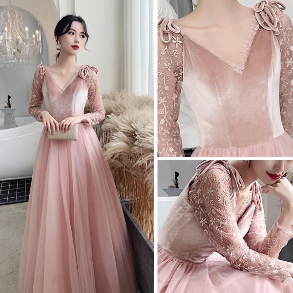 Chic / Belle Rose Bonbon Robe De Soirée 2020 Princesse V-Cou Manches Longues Appliques En Dentelle Longue Volants Dos Nu Robe De Ceremonie