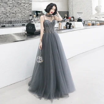 Elegant Grey Evening Dresses 2020 A Line Princess Detachable Scoop Neck Beading Tassel Spaghetti Straps Sleeveless Floor Length Long Ruffle Backless Formal Dresses