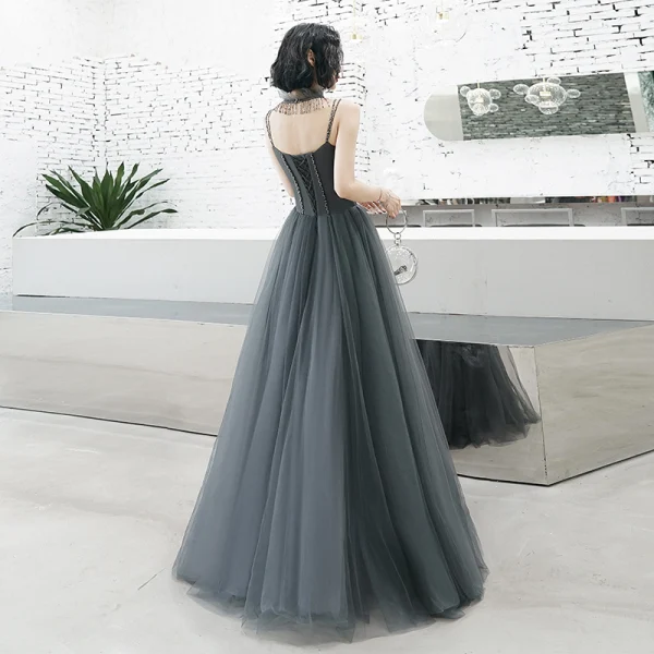 Elegant Grey Evening Dresses 2020 A-Line / Princess Detachable Scoop Neck Beading Tassel Spaghetti Straps Sleeveless Floor-Length / Long Ruffle Backless Formal Dresses