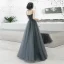 Elegant Grey Evening Dresses  2020 A-Line / Princess Detachable Scoop Neck Beading Tassel Spaghetti Straps Sleeveless Floor-Length / Long Ruffle Backless Formal Dresses