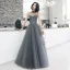 Elegant Grey Evening Dresses  2020 A-Line / Princess Detachable Scoop Neck Beading Tassel Spaghetti Straps Sleeveless Floor-Length / Long Ruffle Backless Formal Dresses