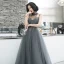 Elegant Grey Evening Dresses  2020 A-Line / Princess Detachable Scoop Neck Beading Tassel Spaghetti Straps Sleeveless Floor-Length / Long Ruffle Backless Formal Dresses