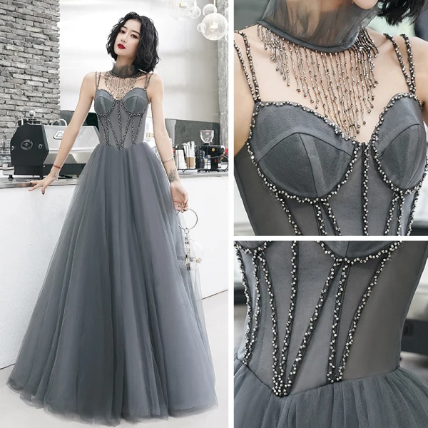 Elegant Grey Evening Dresses 2020 A-Line / Princess Detachable Scoop Neck Beading Tassel Spaghetti Straps Sleeveless Floor-Length / Long Ruffle Backless Formal Dresses