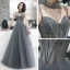 Elegant Grey Evening Dresses  2020 A-Line / Princess Detachable Scoop Neck Beading Tassel Spaghetti Straps Sleeveless Floor-Length / Long Ruffle Backless Formal Dresses