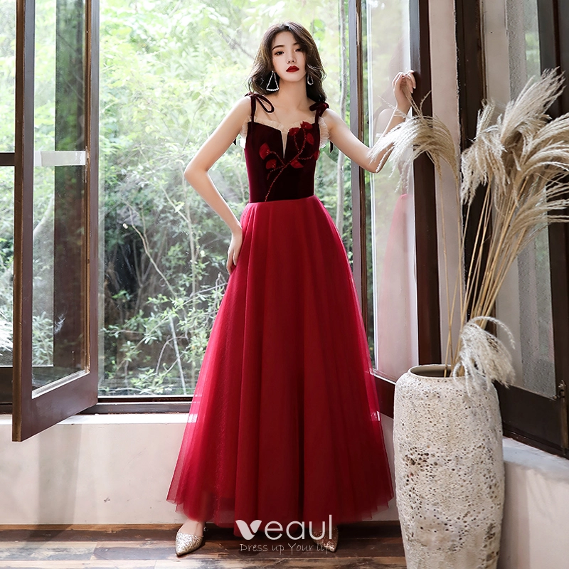 Veaul Affordable Burgundy Suede Evening Dresses 2020 A Line Princess Shoulders Sleeveless