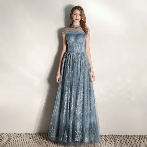 Chic / Beautiful Ink Blue See-through Evening Dresses 2020 A-Line / Princess High Neck Sleeveless Beading Glitter Tulle Floor-Length / Long Ruffle Backless Formal Dresses