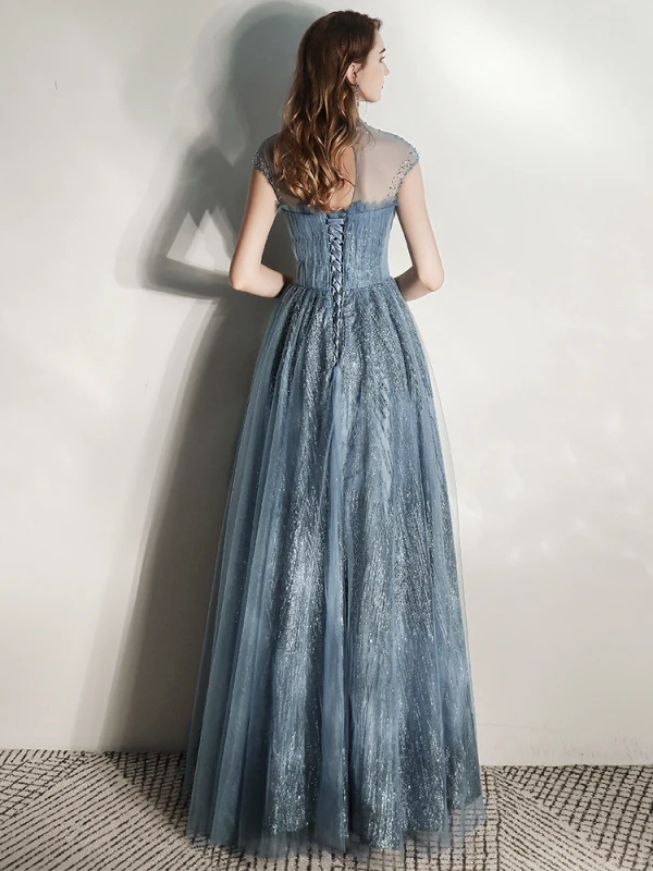 Chic / Beautiful Ink Blue See-through Evening Dresses 2020 A-Line / Princess High Neck Sleeveless Beading Glitter Tulle Floor-Length / Long Ruffle Backless Formal Dresses