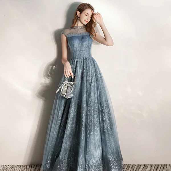 Chic / Beautiful Ink Blue See-through Evening Dresses 2020 A-Line / Princess High Neck Sleeveless Beading Glitter Tulle Floor-Length / Long Ruffle Backless Formal Dresses