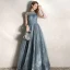Chic / Beautiful Ink Blue See-through Evening Dresses  2020 A-Line / Princess High Neck Sleeveless Beading Glitter Tulle Floor-Length / Long Ruffle Backless Formal Dresses