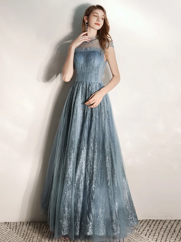 Chic / Beautiful Ink Blue See-through Evening Dresses 2020 A-Line / Princess High Neck Sleeveless Beading Glitter Tulle Floor-Length / Long Ruffle Backless Formal Dresses