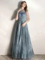 Chic / Beautiful Ink Blue See-through Evening Dresses  2020 A-Line / Princess High Neck Sleeveless Beading Glitter Tulle Floor-Length / Long Ruffle Backless Formal Dresses
