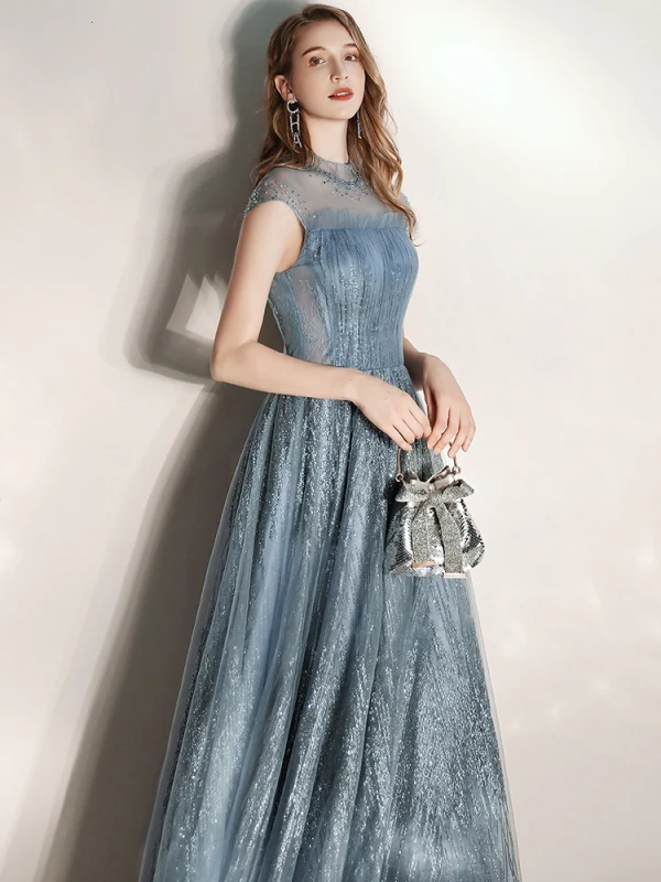 Chic / Beautiful Ink Blue See-through Evening Dresses 2020 A-Line / Princess High Neck Sleeveless Beading Glitter Tulle Floor-Length / Long Ruffle Backless Formal Dresses
