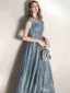 Chic / Beautiful Ink Blue See-through Evening Dresses  2020 A-Line / Princess High Neck Sleeveless Beading Glitter Tulle Floor-Length / Long Ruffle Backless Formal Dresses