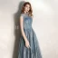Chic / Beautiful Ink Blue See-through Evening Dresses  2020 A-Line / Princess High Neck Sleeveless Beading Glitter Tulle Floor-Length / Long Ruffle Backless Formal Dresses
