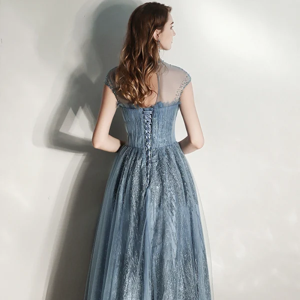 Chic / Beautiful Ink Blue See-through Evening Dresses 2020 A-Line / Princess High Neck Sleeveless Beading Glitter Tulle Floor-Length / Long Ruffle Backless Formal Dresses