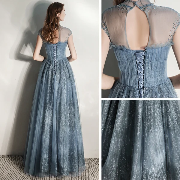 Chic / Beautiful Ink Blue See-through Evening Dresses 2020 A-Line / Princess High Neck Sleeveless Beading Glitter Tulle Floor-Length / Long Ruffle Backless Formal Dresses