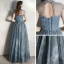 Chic / Beautiful Ink Blue See-through Evening Dresses  2020 A-Line / Princess High Neck Sleeveless Beading Glitter Tulle Floor-Length / Long Ruffle Backless Formal Dresses