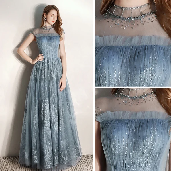 Chic / Beautiful Ink Blue See-through Evening Dresses 2020 A-Line / Princess High Neck Sleeveless Beading Glitter Tulle Floor-Length / Long Ruffle Backless Formal Dresses