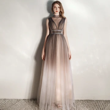 Illusion Brown See Through Evening Dresses 2020 A Line Princess High Neck Sleeveless Rhinestone Sash Floor Length Long Ruffle Formal Dresses