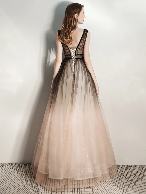 Chic / Belle Noire Dégradé De Couleur Robe De Soirée 2020 Princesse Col v profond Sans Manches Glitter Tulle Longue Volants Dos Nu Robe De Ceremonie
