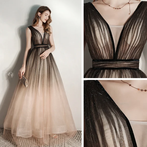 Chic / Belle Noire Dégradé De Couleur Robe De Soirée 2020 Princesse Col v profond Sans Manches Glitter Tulle Longue Volants Dos Nu Robe De Ceremonie