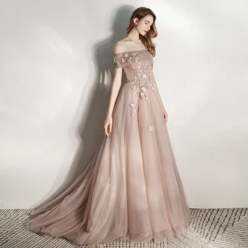 Chic Beautiful Champagne Evening Dresses 2020 A Line Princess Off The Shoulder Short Sleeve Glitter Tulle Appliques Lace Beading Sweep Train Ruffle Backless Formal Dresses
