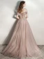 Chic / Belle Champagne Robe De Soirée 2020 Princesse De l'épaule Manches Courtes Glitter Tulle Appliques En Dentelle Perlage Train De Balayage Volants Dos Nu Robe De Ceremonie