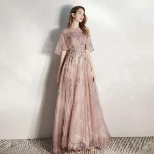 Chic Beautiful Champagne See Through Evening Dresses 2020 A Line Princess Square Neckline Sleeveless Appliques Lace Glitter Tulle Floor Length Long Ruffle Beading Formal Dresses